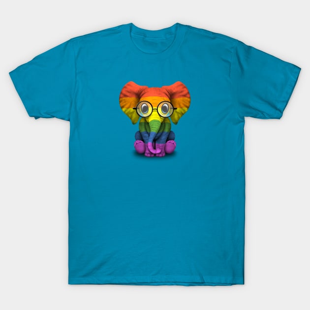 Baby Elephant with Glasses and Gay Pride Rainbow Flag T-Shirt by jeffbartels